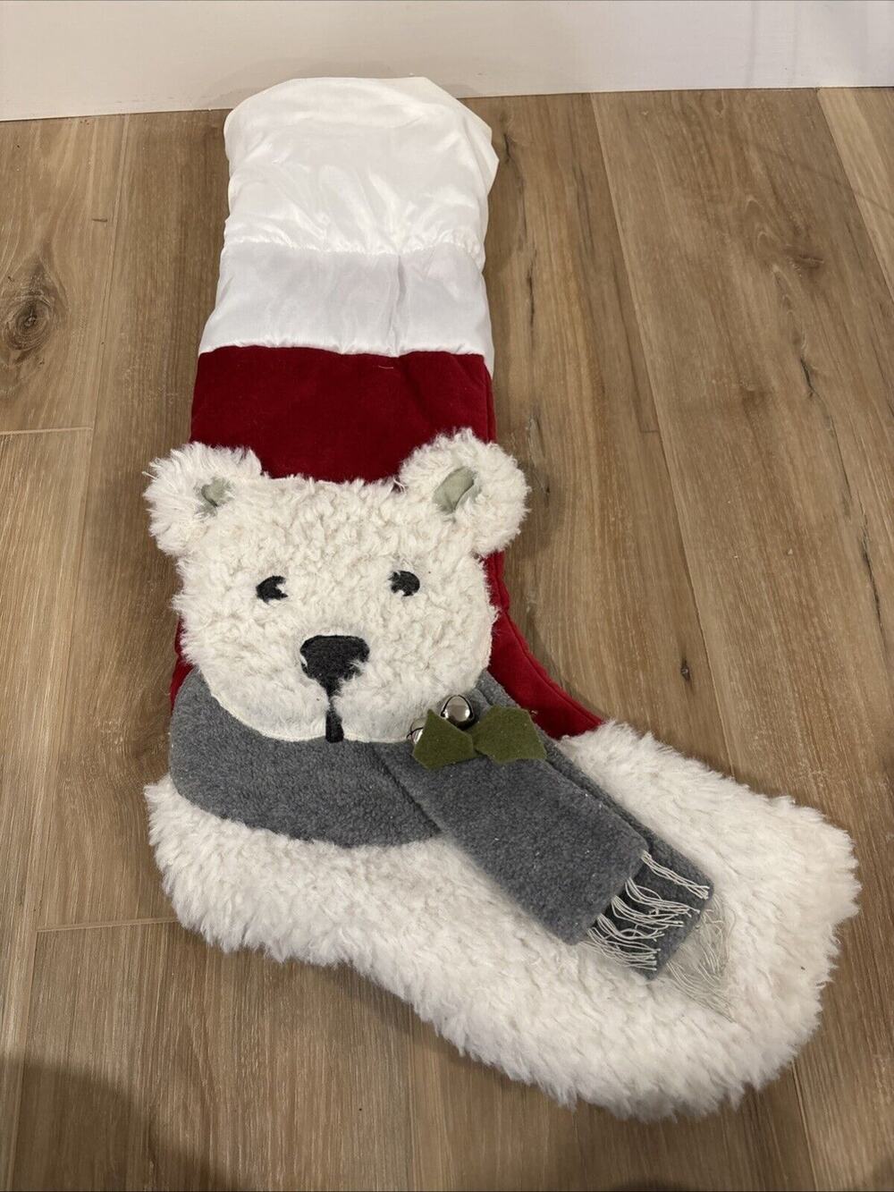 Christmas Stocking Fuzzy Bear With Bell & Scarf 24” Vintage